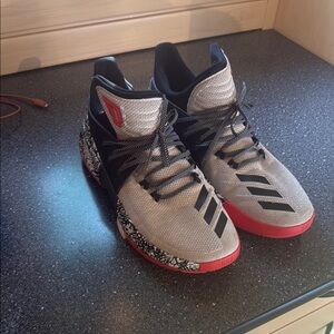 Adidas Gray and Red Athletic Shoes with Speckled Midsole